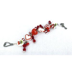 Lampwork Glass Heart Cherries Beaded Bracelet 6.5" Sweetheart Valentines